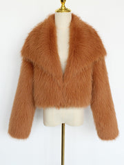 Collared Long Sleeves Cropped Faux Fur Coat