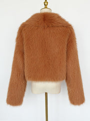 Collared Long Sleeves Cropped Faux Fur Coat