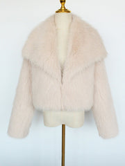 Collared Long Sleeves Cropped Faux Fur Coat