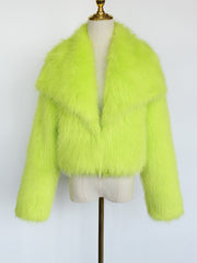 Collared Long Sleeves Cropped Faux Fur Coat