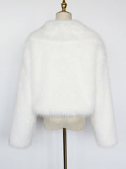 Collared Long Sleeves Cropped Faux Fur Coat
