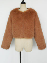 Collarless Long Sleeves Cropped Faux Fur Coat