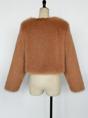 Collarless Long Sleeves Cropped Faux Fur Coat