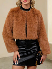 Collarless Long Sleeves Cropped Faux Fur Coat