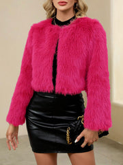 Collarless Long Sleeves Cropped Faux Fur Coat