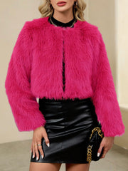 Collarless Long Sleeves Cropped Faux Fur Coat