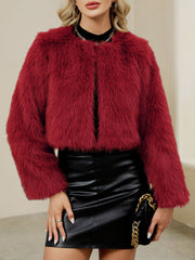 Collarless Long Sleeves Cropped Faux Fur Coat