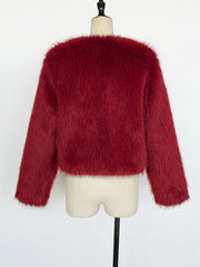 Collarless Long Sleeves Cropped Faux Fur Coat