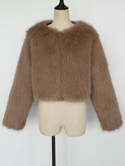 Collarless Long Sleeves Cropped Faux Fur Coat
