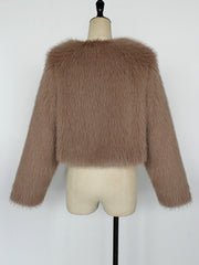 Collarless Long Sleeves Cropped Faux Fur Coat