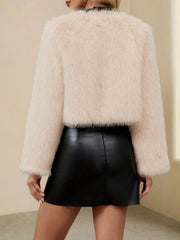 Collarless Long Sleeves Cropped Faux Fur Coat