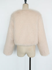 Collarless Long Sleeves Cropped Faux Fur Coat