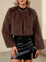 Collarless Long Sleeves Cropped Faux Fur Coat