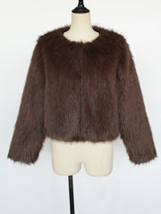 Collarless Long Sleeves Cropped Faux Fur Coat