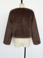 Collarless Long Sleeves Cropped Faux Fur Coat