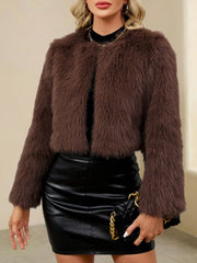 Collarless Long Sleeves Cropped Faux Fur Coat