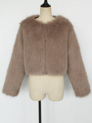 Collarless Long Sleeves Cropped Faux Fur Coat