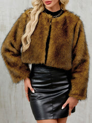 Collarless Long Sleeves Cropped Faux Fur Coat