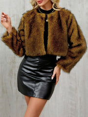 Collarless Long Sleeves Cropped Faux Fur Coat