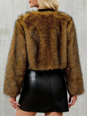 Collarless Long Sleeves Cropped Faux Fur Coat