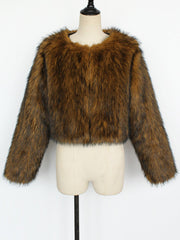 Collarless Long Sleeves Cropped Faux Fur Coat