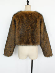 Collarless Long Sleeves Cropped Faux Fur Coat