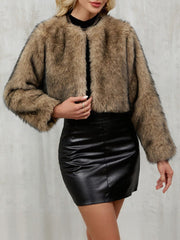 Collarless Long Sleeves Cropped Faux Fur Coat