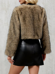 Collarless Long Sleeves Cropped Faux Fur Coat