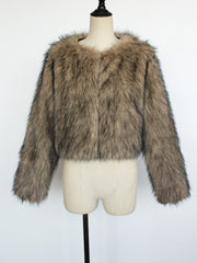 Collarless Long Sleeves Cropped Faux Fur Coat