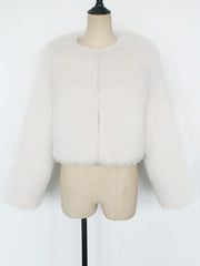 Collarless Long Sleeves Cropped Faux Fur Coat