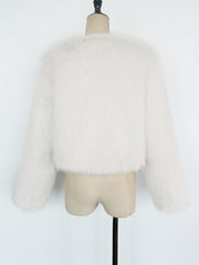 Collarless Long Sleeves Cropped Faux Fur Coat