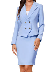 2 Pieces Long Sleeve Notched Lapel Blazer & Midi Pencil Skirt Formal Office Suit Set