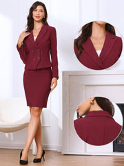 2 Pieces Long Sleeve Notched Lapel Blazer & Midi Pencil Skirt Formal Office Suit Set