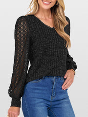 Lace Patchwork V Neck Puff Long Sleeves Blouse