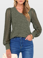 Lace Patchwork V Neck Puff Long Sleeves Blouse