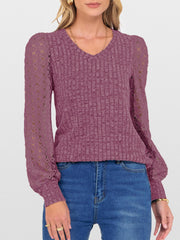 Lace Patchwork V Neck Puff Long Sleeves Blouse