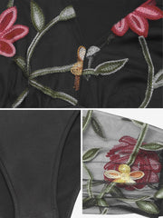 Floral Embroidered Mesh Long Sleeve V Neck Bodysuit