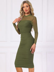 Mesh Sheer Mock Neck Ruch Cocktail Bodycon Midi Dress