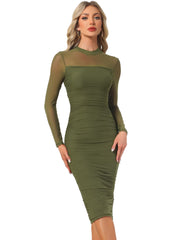 Mesh Sheer Mock Neck Ruch Cocktail Bodycon Midi Dress
