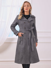 Faux Suede Notched Lapel Double Breasted Belted Long Sleeve Trench Coat