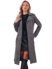 Faux Suede Notched Lapel Double Breasted Belted Long Sleeve Trench Coat