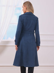 Faux Suede Notched Lapel Double Breasted Belted Long Sleeve Trench Coat