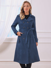 Faux Suede Notched Lapel Double Breasted Belted Long Sleeve Trench Coat