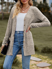 Solid Color Long Sleeve Buttoned Pockets Cardigan