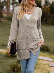 Solid Color Long Sleeve Buttoned Pockets Cardigan