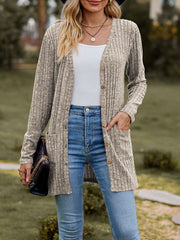 Solid Color Long Sleeve Buttoned Pockets Cardigan