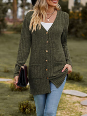 Solid Color Long Sleeve Buttoned Pockets Cardigan
