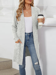 Solid Color Open Front Long Sleeves Pockets Mid-Length Cardigan