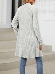 Solid Color Open Front Long Sleeves Pockets Mid-Length Cardigan