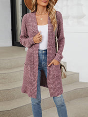 Solid Color Open Front Long Sleeves Pockets Mid-Length Cardigan